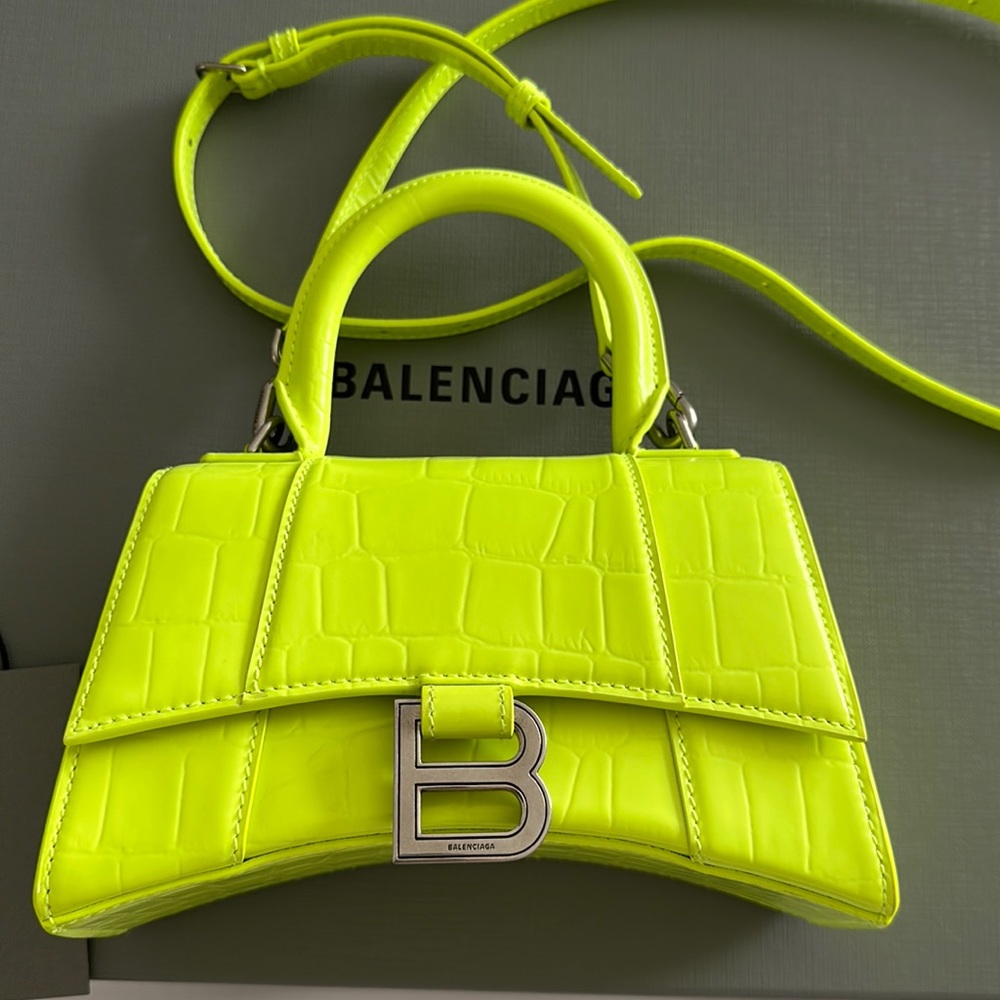 Balenciaga XS Handbag in neon yellow semi shiny crocodile embossed calfskin